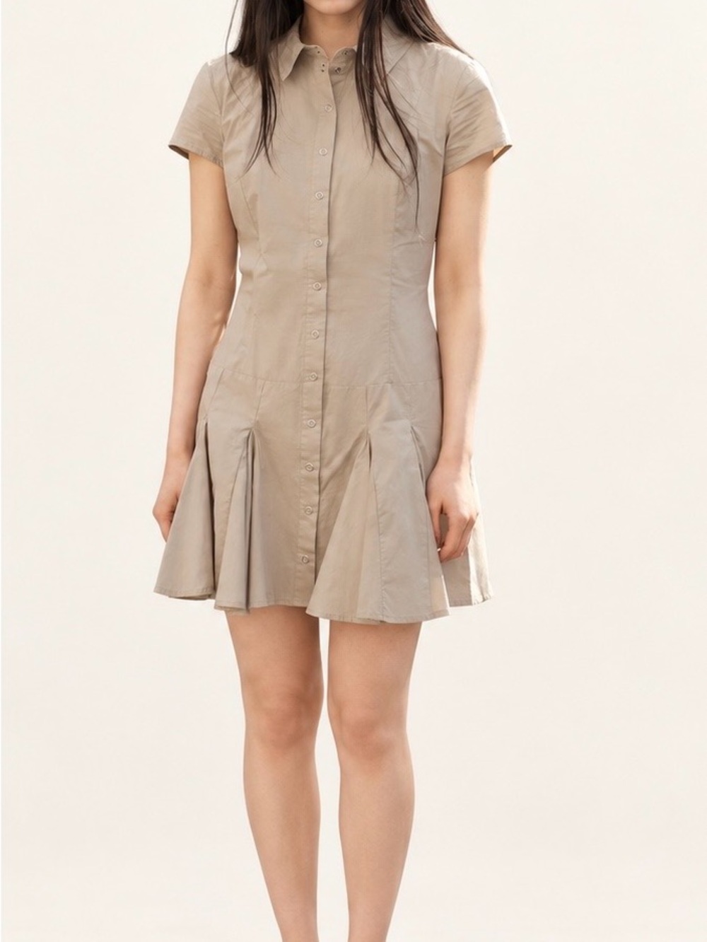 Zara Beige Button-Front Short-Sleeve Pleated Shirt Dress